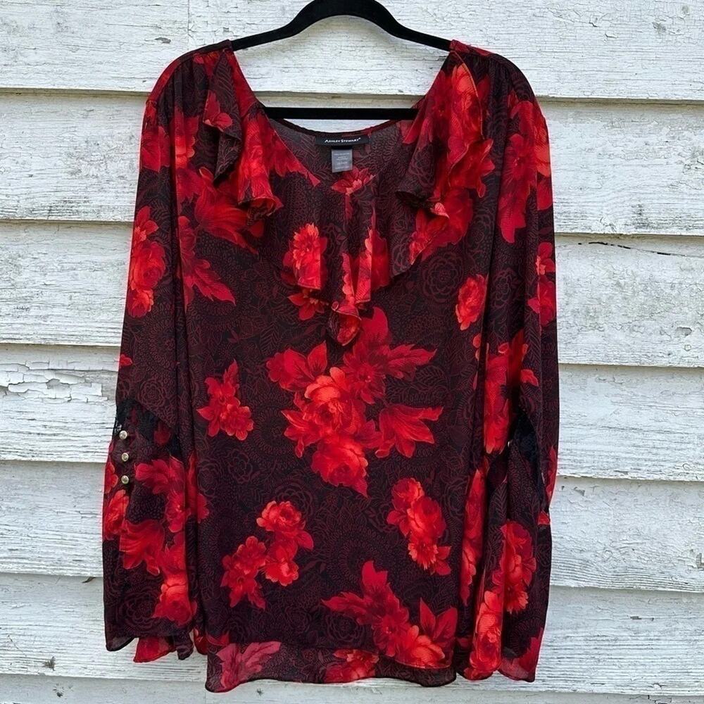 Ashley Stewart Womens Blouse‎ Floral ruffles lace WhimsiGoth Plus Size